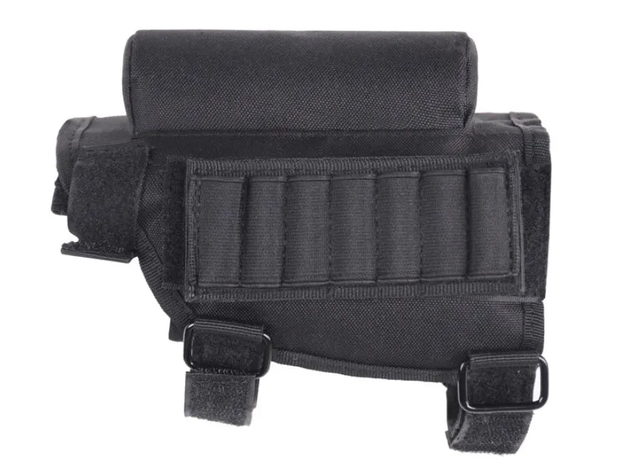 Tactical buttstock cheek rest ammo carrier with non-slip pad holding 7 rounds on a black rifle stock