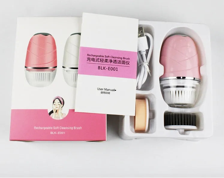 3 in 1 electric facial cleanser with three brush heads and dual speed settings in golden, pink, and white colours