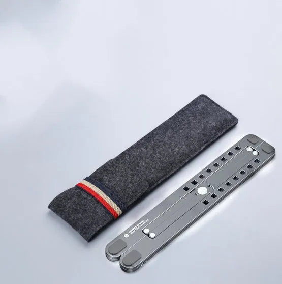Foldable aluminum laptop stand in silver colour, shown both open in use and folded flat.