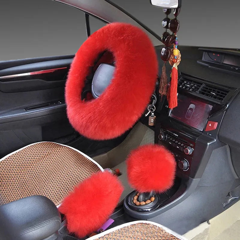 Wool steering wheel cover and handle covers three-piece set in multiple colour options for 38cm diameter wheels