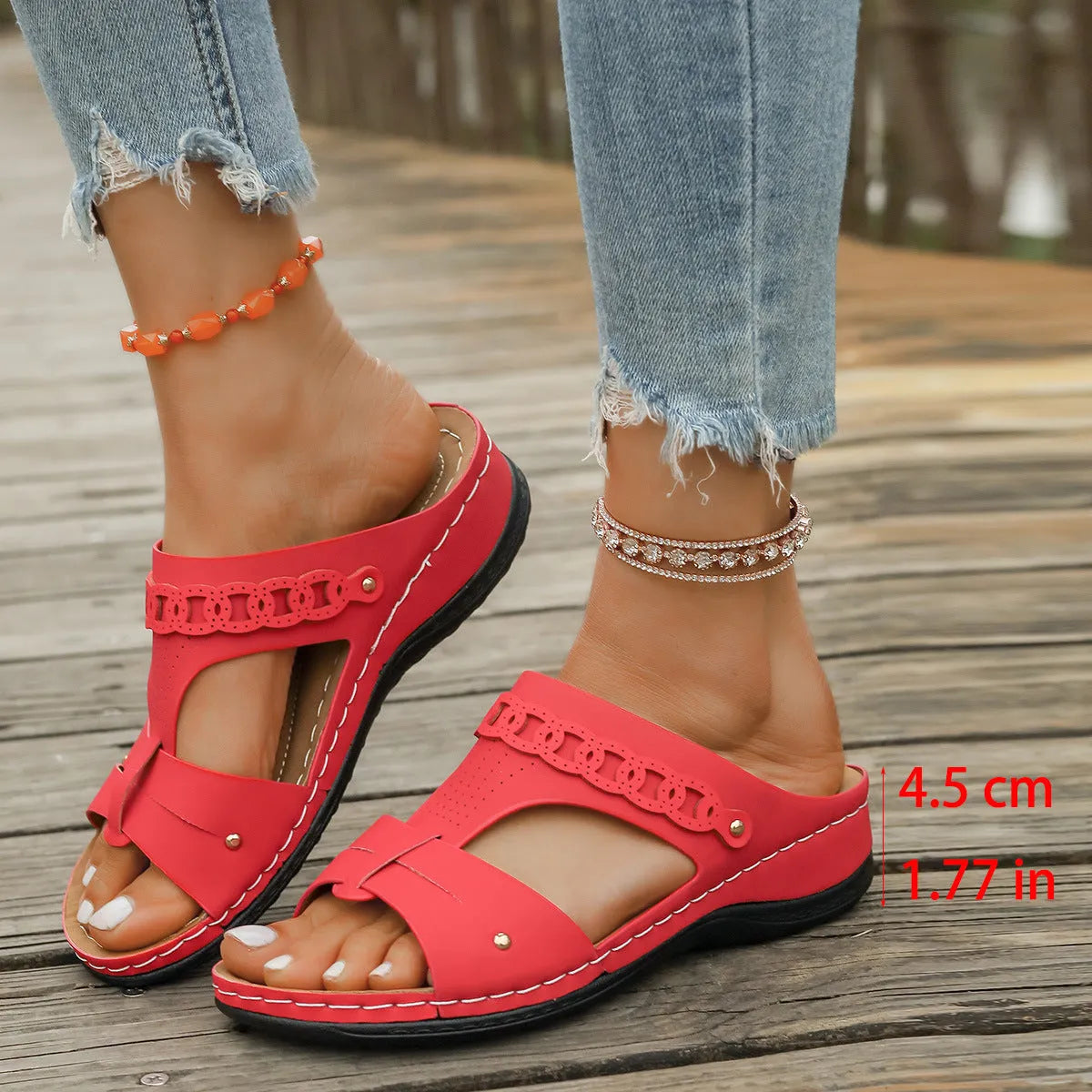 Casual Roman style slope heel slippers with a fish mouth toe holder, shown in available colours.