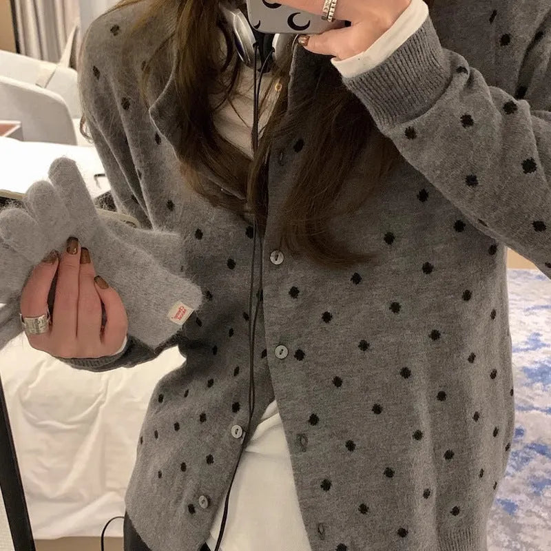 Women's Korean-style grey dot knitted cardigan with crochet flower details and long sleeves