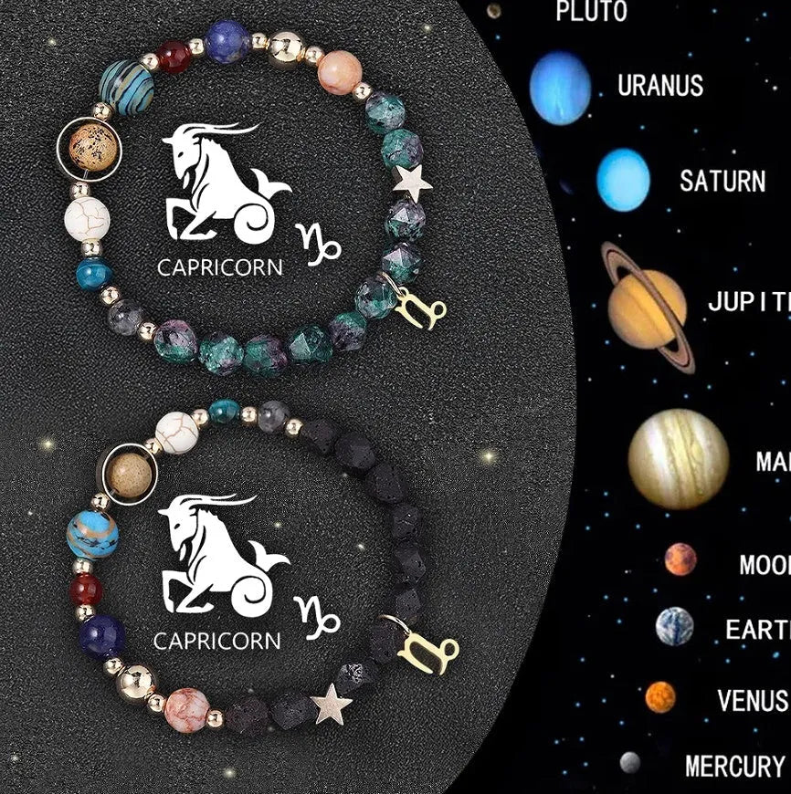 Two natural stone beaded bracelets with metal zodiac sign charms on a white background.