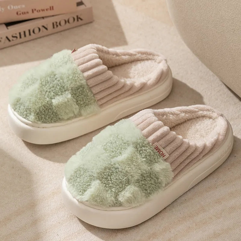 Plaid pattern women's plush slippers with round toe and non-slip sole in multiple colours