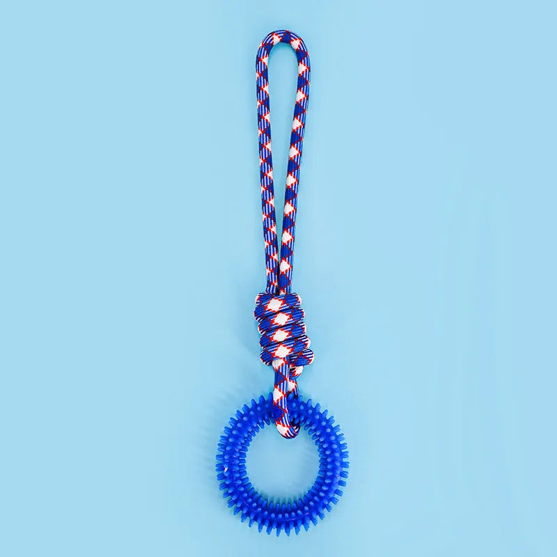 Colourful blue, red, and rose red braided rope dog chew and tug toy, 43 cm long.