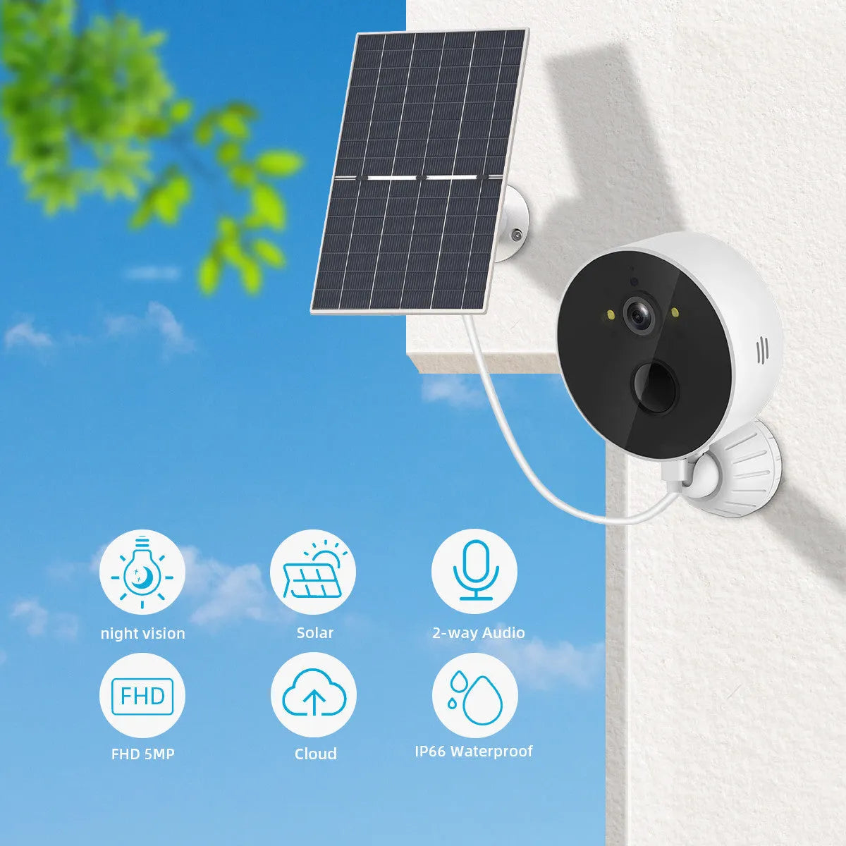 Outdoor solar-powered security camera with 1080P resolution and included solar panel for battery charging