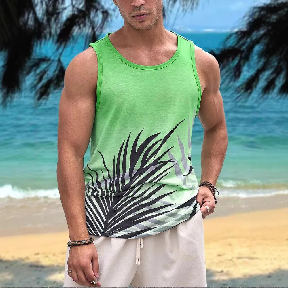 Man wearing a solid colour 3D printed Hawaiian style sleeveless vest t-shirt for casual leisure wear.