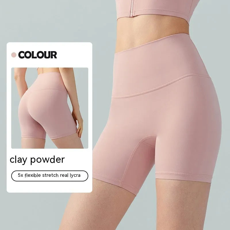 Women's high waist leaf green Lycra yoga shorts for fitness and cycling.