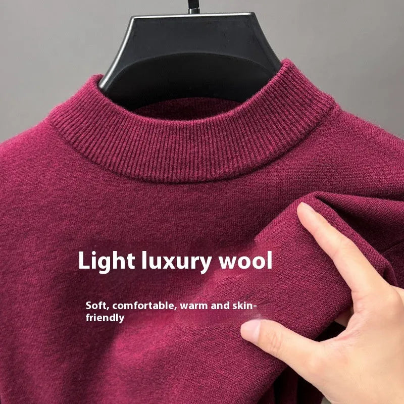 Men's solid colour fine wool half turtleneck long sleeve pullover on a hanger
