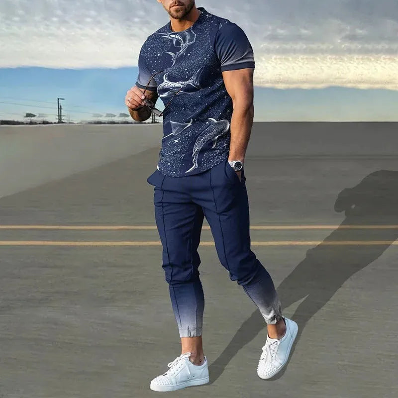 Men's short sleeve printed top and trouser sport suit set in polyester blend fabric.