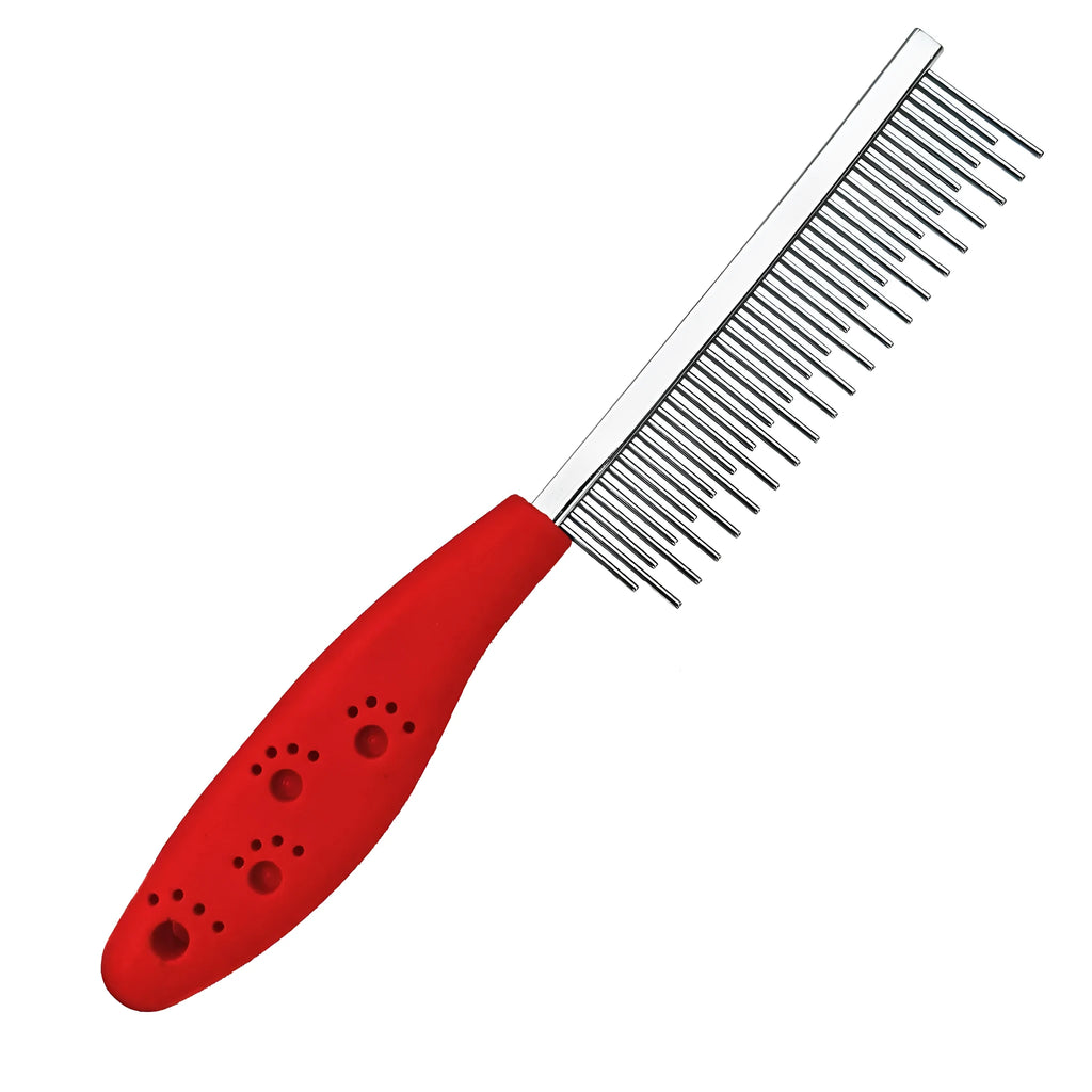 Red pet grooming comb with stainless steel short and long teeth on a plastic anti-slip handle.
