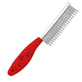 Red pet grooming comb with stainless steel short and long teeth on a plastic anti-slip handle.