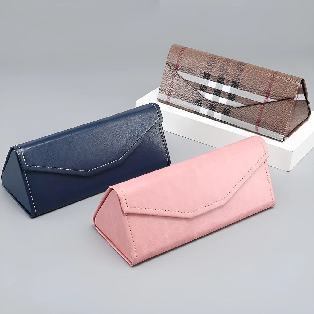 Handmade triangular folding glasses case in PU cowhide with visible stitching, shown closed and opened