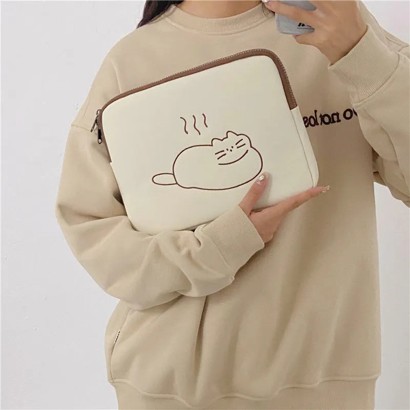 Embroidered cat design tablet protective sleeve with zipper opening in nylon material