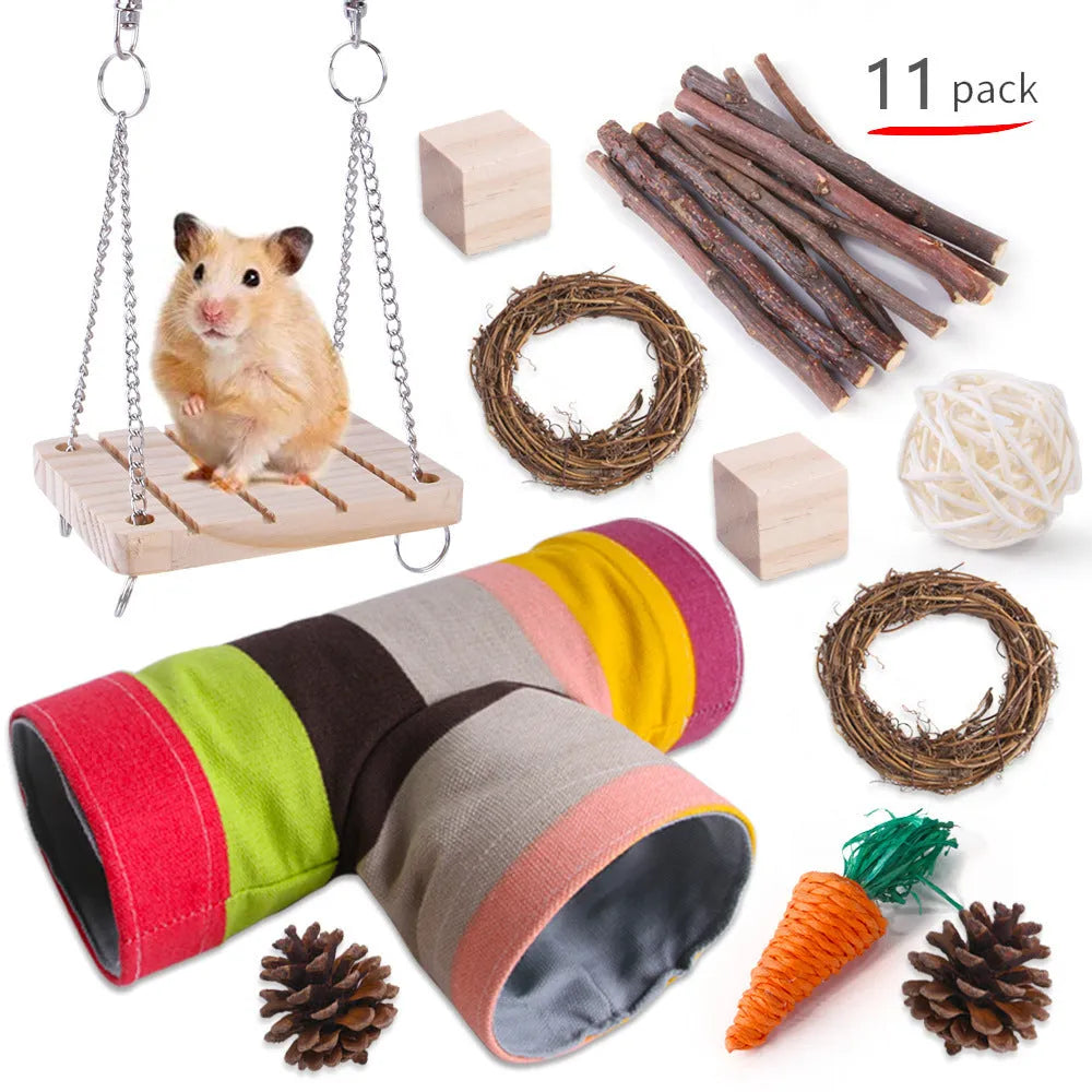 Assorted wooden chew toys for small pets including balls and mats on a natural background