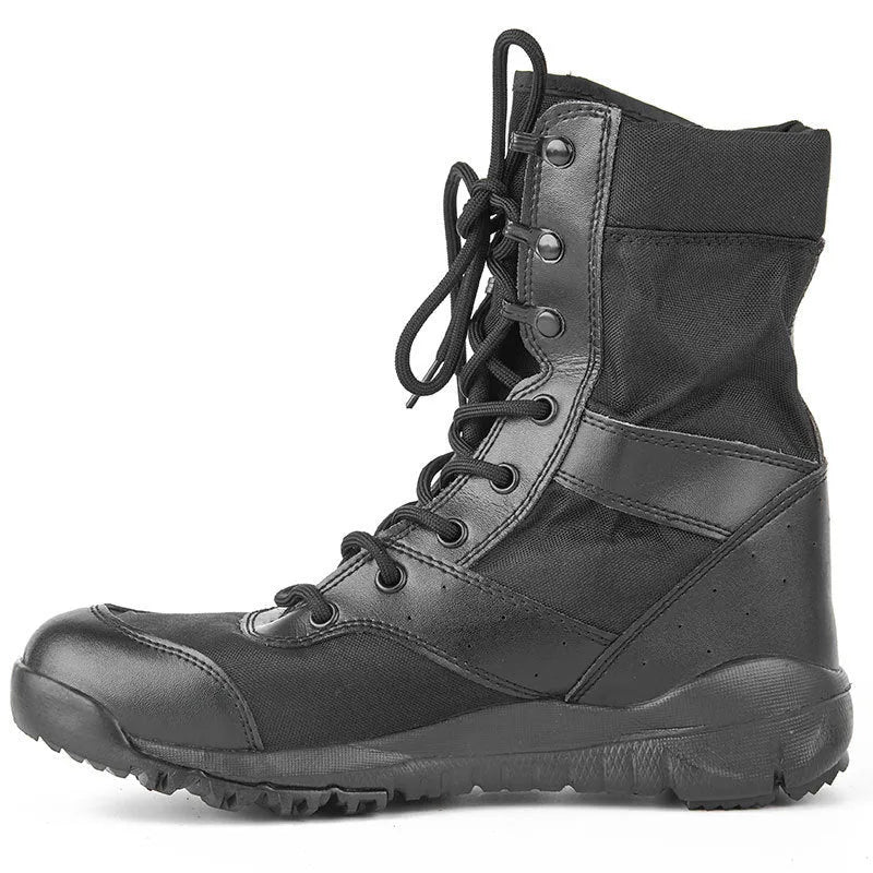 Yulong tactical desert combat boots in black and sand colour for outdoor activities.