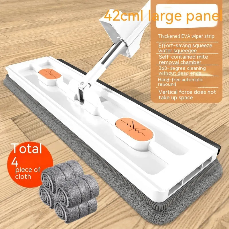 Large flat mop with stainless steel handle and blue cleaning cloths showing 360-degree rotating head
