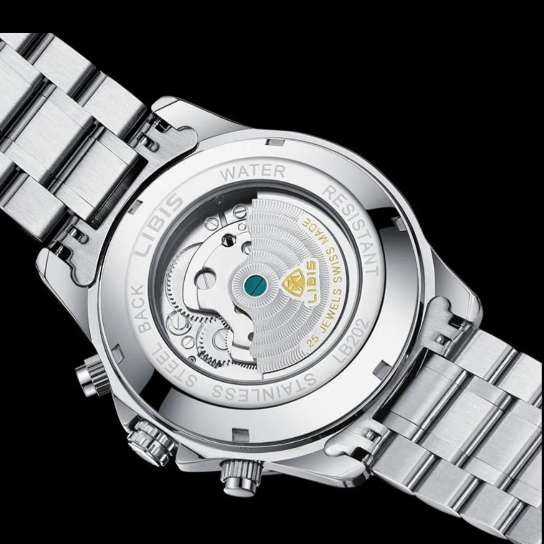 Men's silver automatic perpetual calendar mechanical watch with stainless steel strap.
