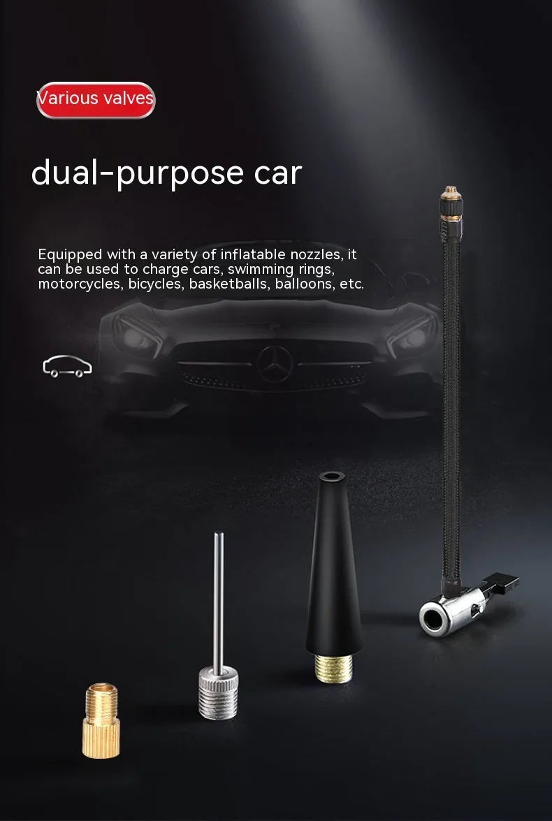 Red and black portable car wireless air pump with digital display, nozzles, and power cables.
