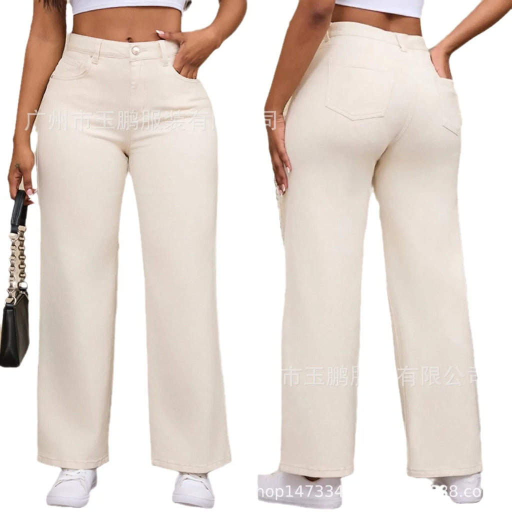 Women's straight leg jeans with wide leg silhouette in apricot colour showing high waist design
