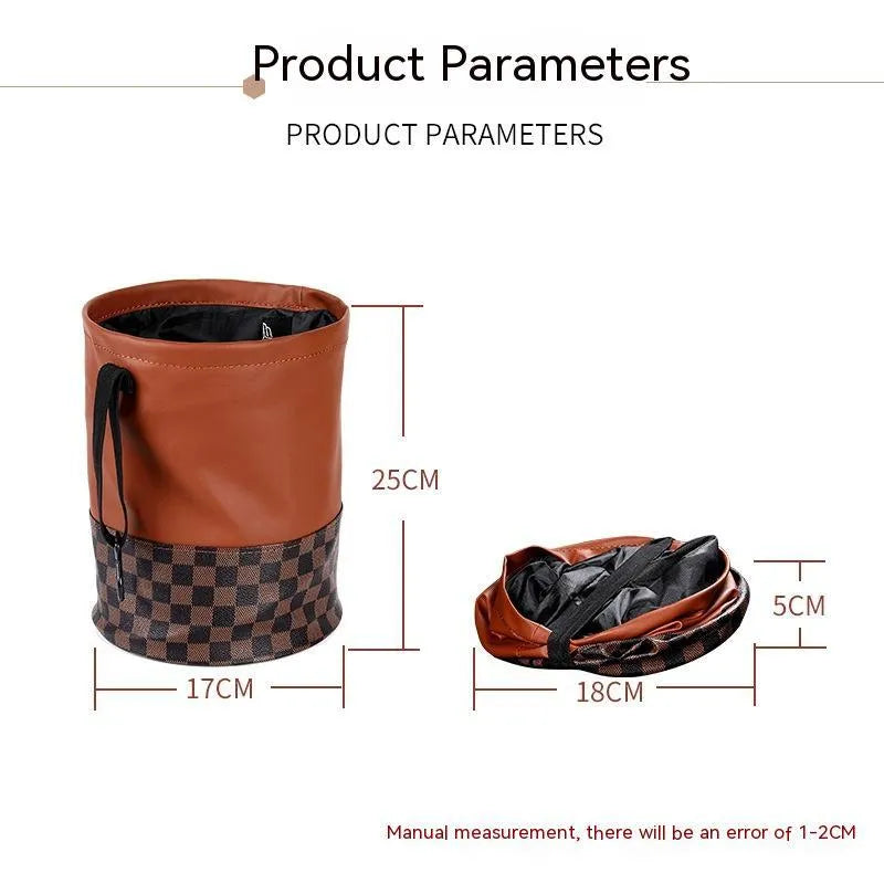Leather retractable car trash can shown in folded and open states, with handle and waterproof construction.