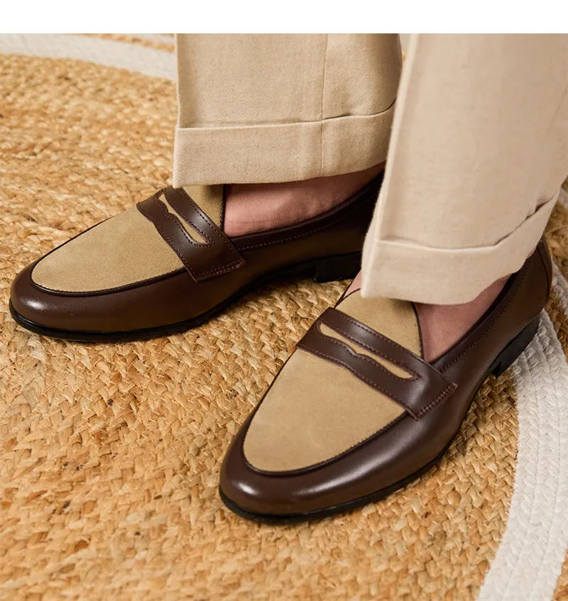 Brown suede leather loafers with high-gloss finish and stitched construction