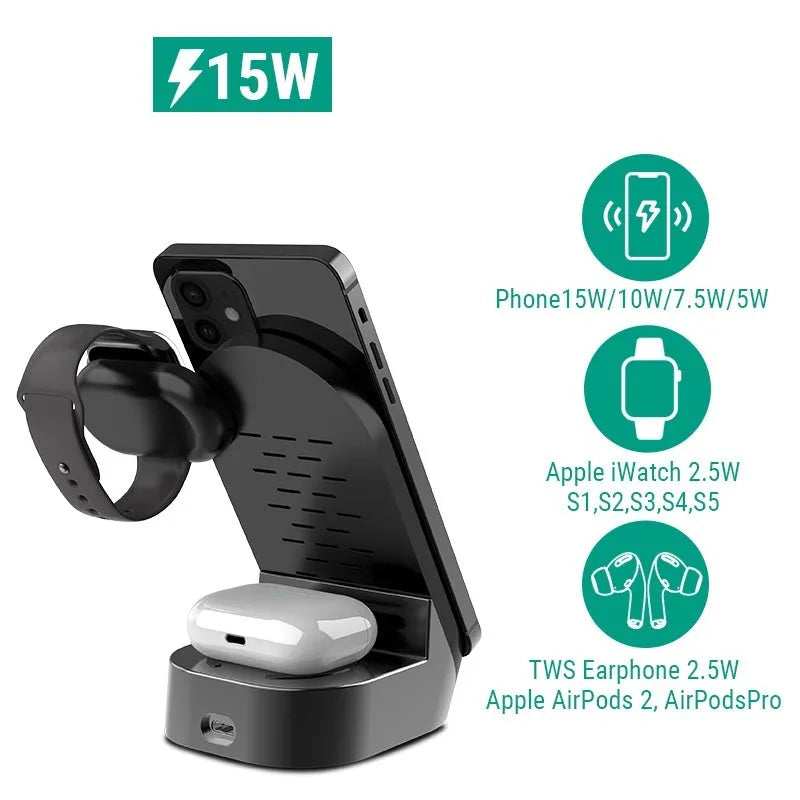 Black grey foldable 3-in-1 wireless charger stand for iPhone Apple Watch AirPods