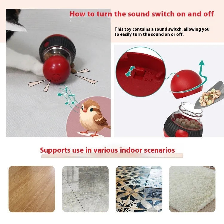 Rotating plastic cat toy with food dropping ball and sound effects for interactive pet play