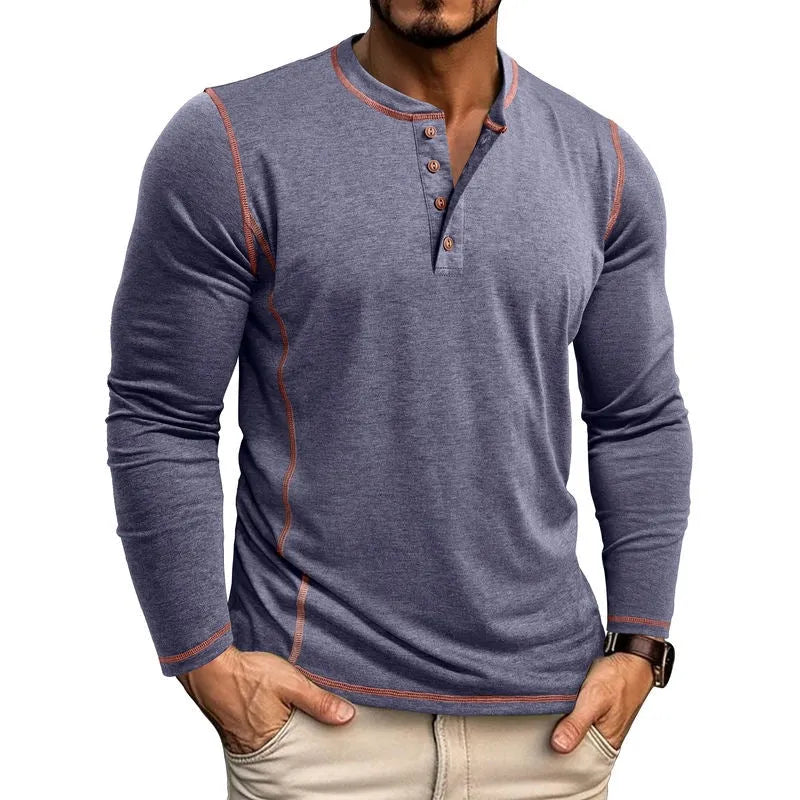 Men's cotton blend Henley shirt with four-button top, slim fit, available in blue, sizes S to 3XL