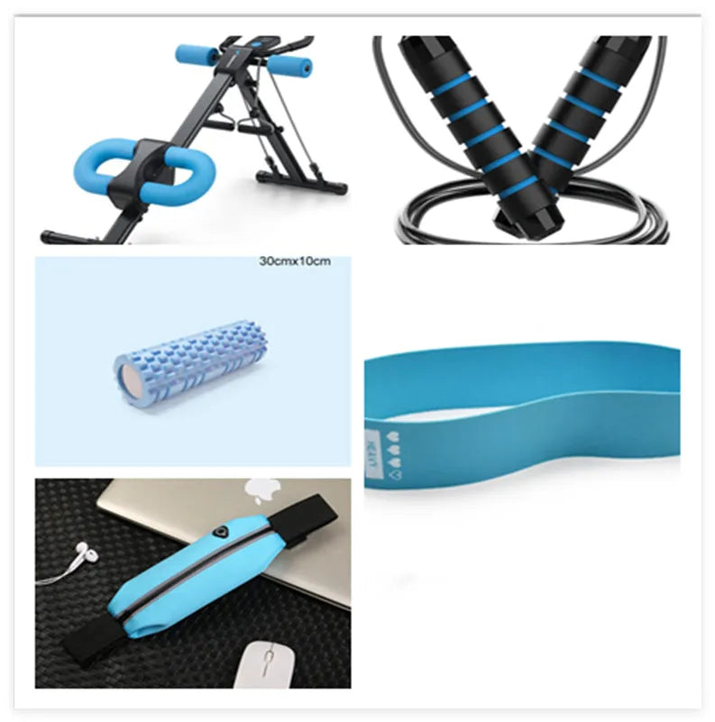 AB Rocket waist-shaping machine with steel frame, foam padding, and blue count drawstring for home core fitness