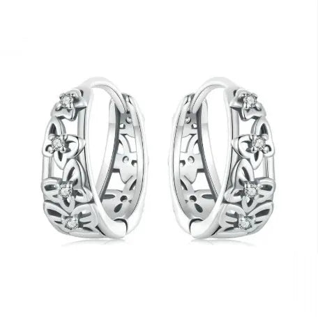 S925 sterling silver retro hollow butterfly drop earrings with zircon stones on an 11mm hoop.
