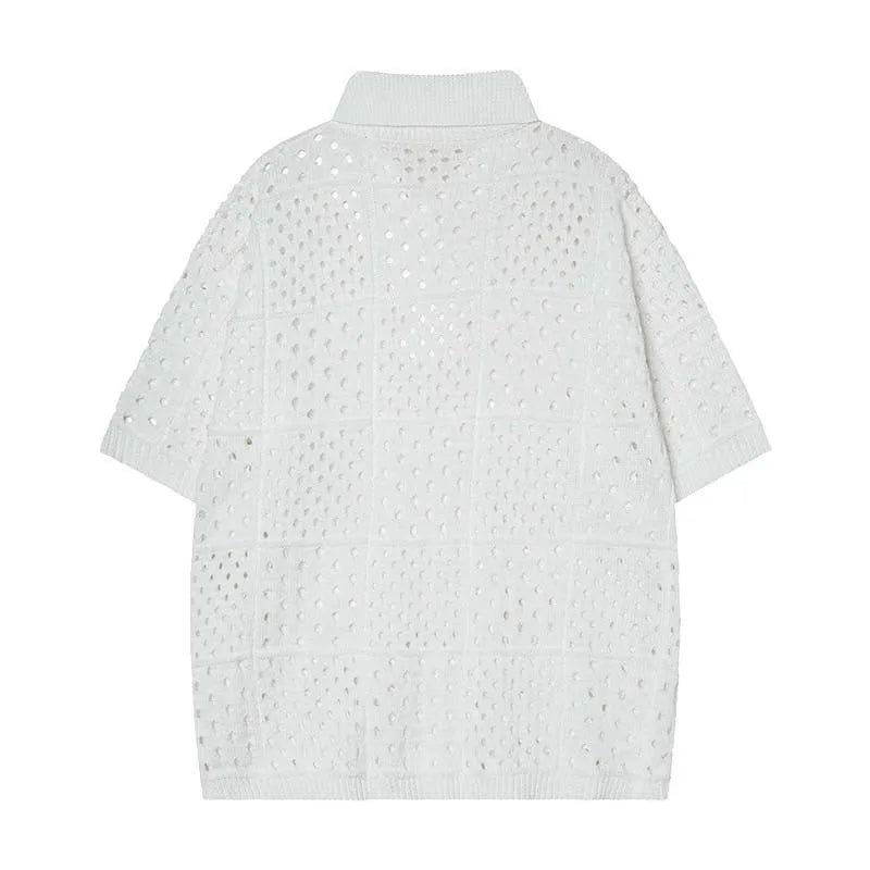 Solid colour short-sleeved polo shirt with hollow knit fabric and loose cardigan style