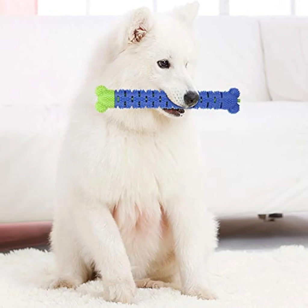 Blue silicone dog molar tooth cleaner brushing stick with serrated head and nodules for dental care