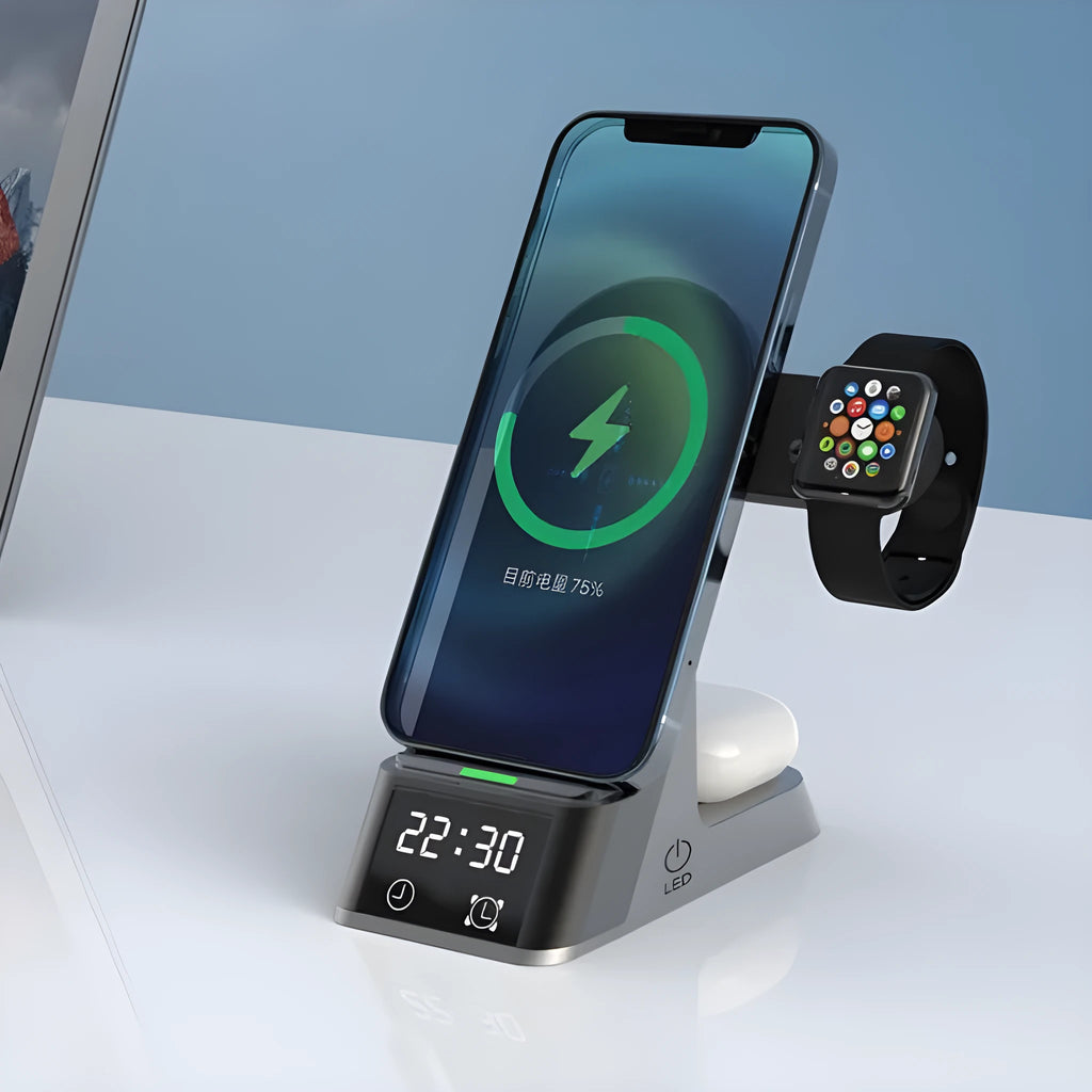 Black multifunctional alarm clock wireless charger showing digital display and charging pads for phone, watch, and earbuds