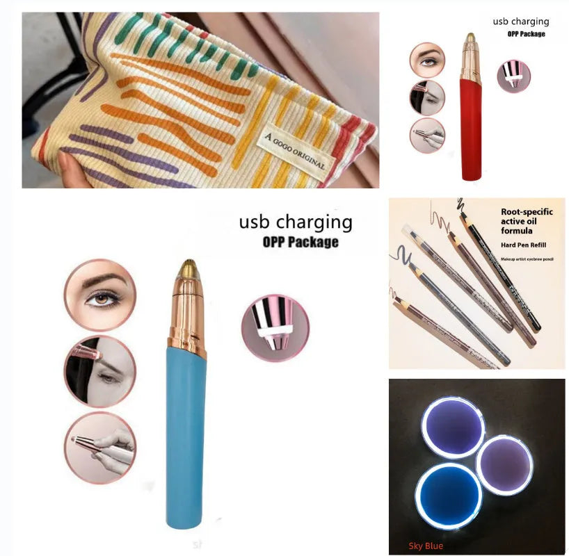 Eyebrow epilator pen with gold plated head and LED light on pink background