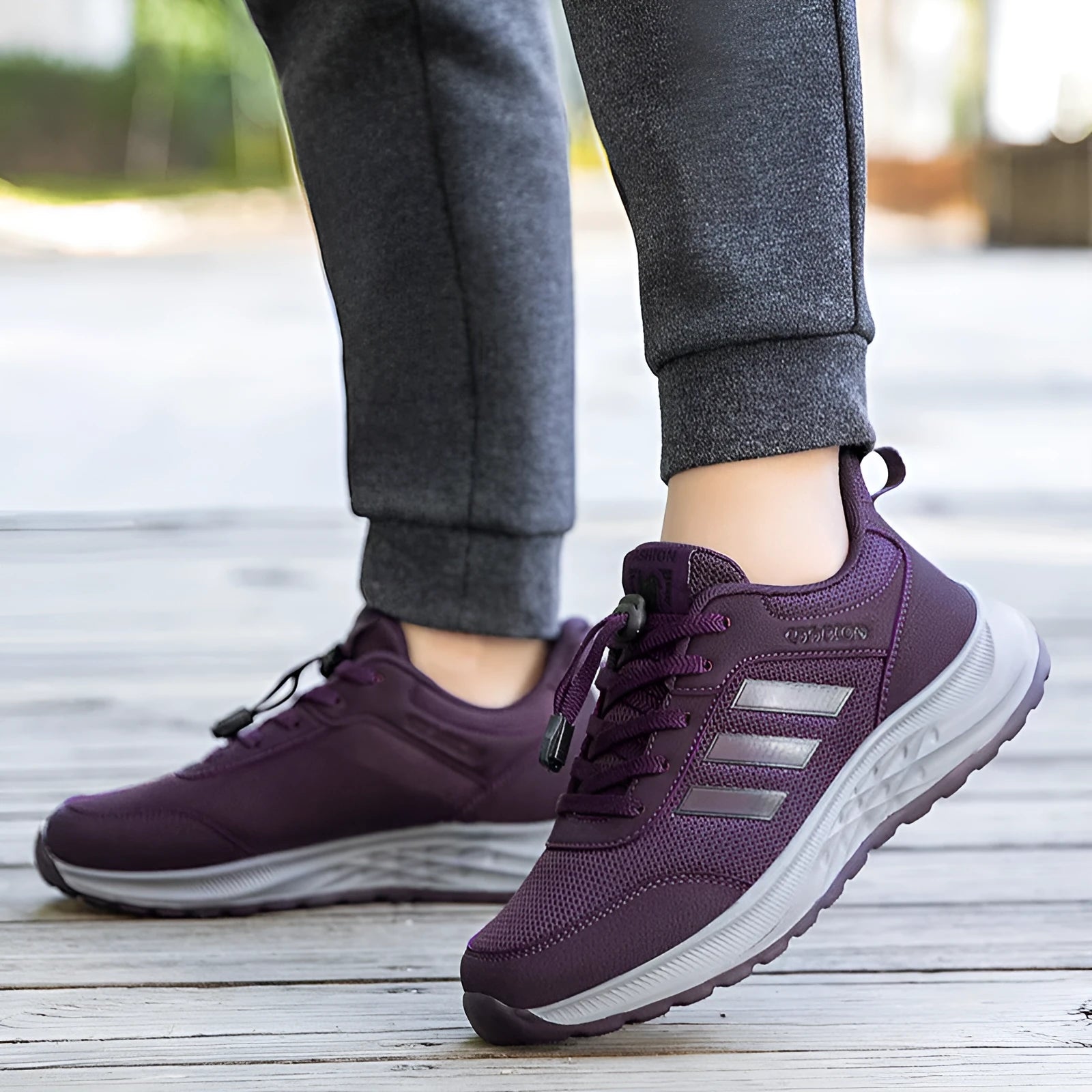 Breathable mesh mum shoes with non-slip sole and elastic band in purple, black, and dark grey colours.