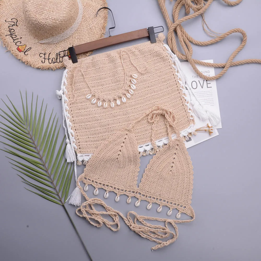 Women's handmade cotton blend lace-up swimsuit set in black, apricot, or white with skirt option.