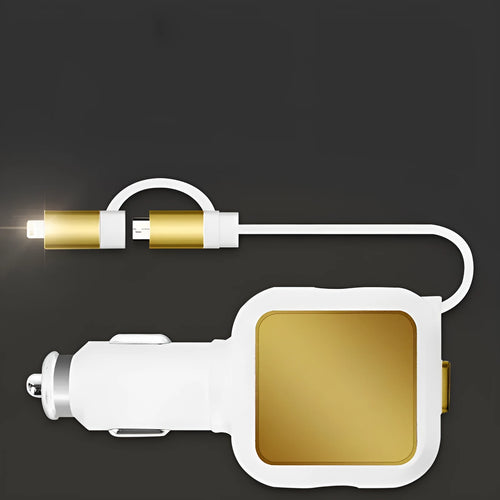 Black and gold 2-in-1 dual USB retractable car charger with two ports
