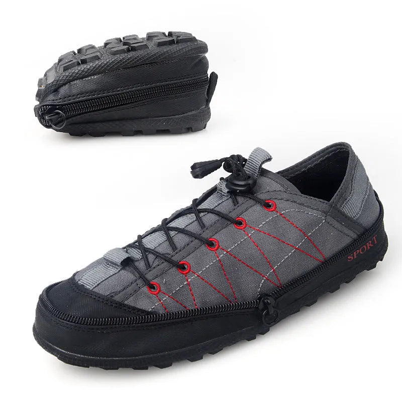 Portable folding outdoor hiking camp travel shoes in orange colour with mesh upper and side zipper