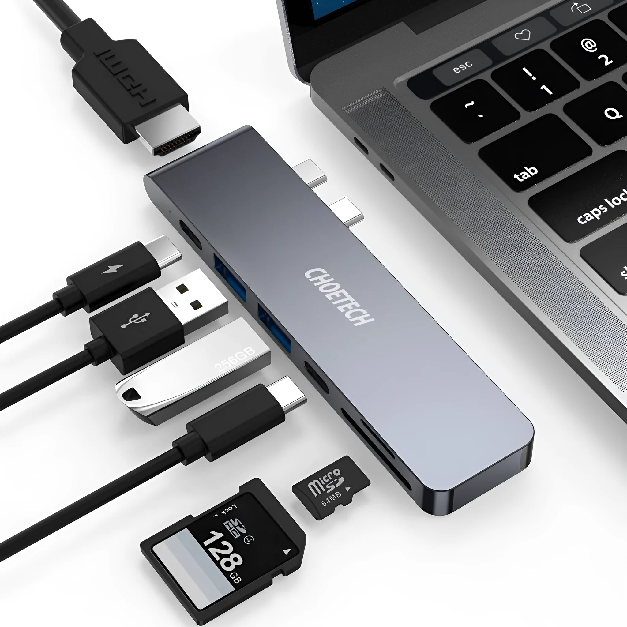 USB Type C adapter hub with SD card reader ports in aluminium alloy casing
