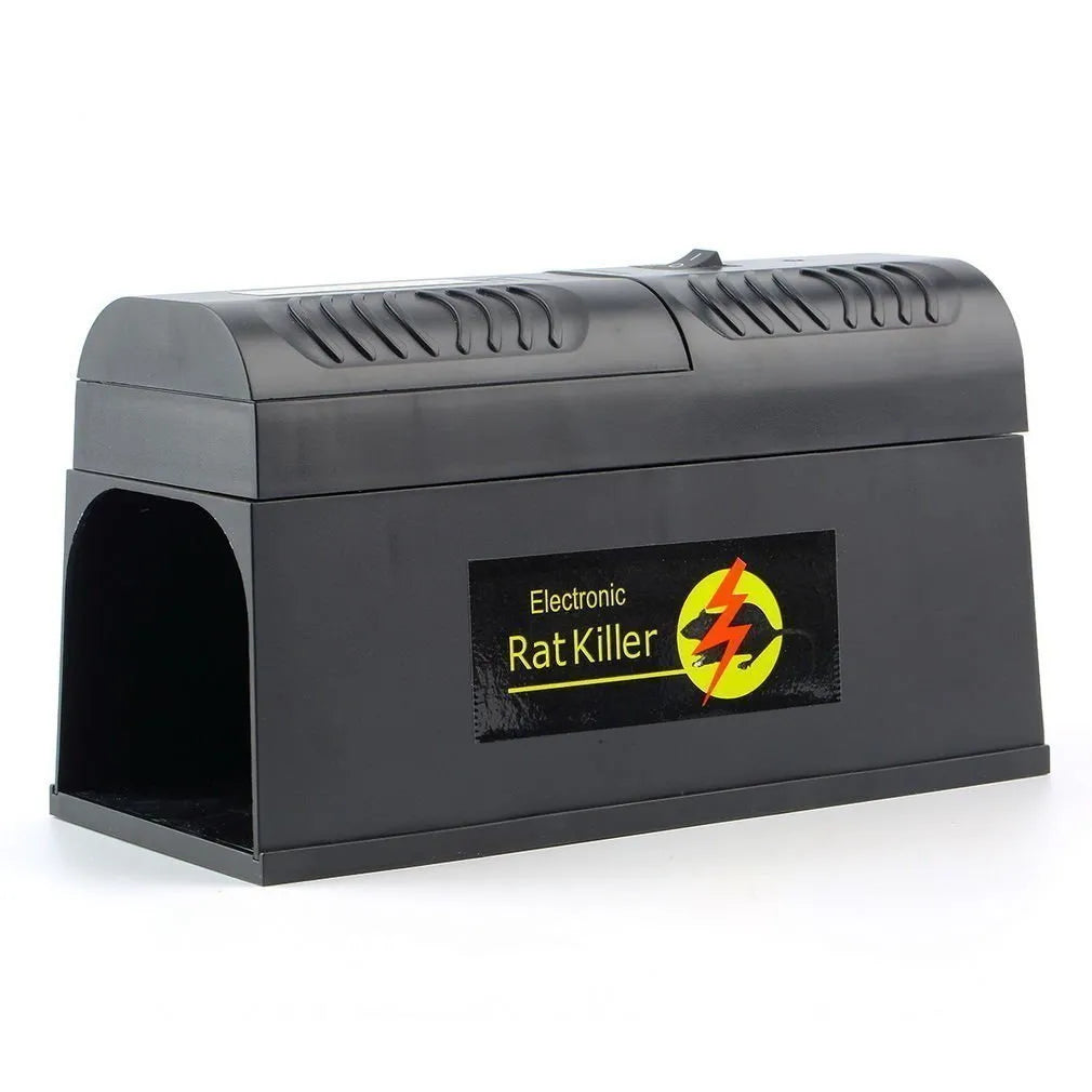 Black electronic rodent killer with high voltage trigger measuring 208mm x 115mm x 75mm