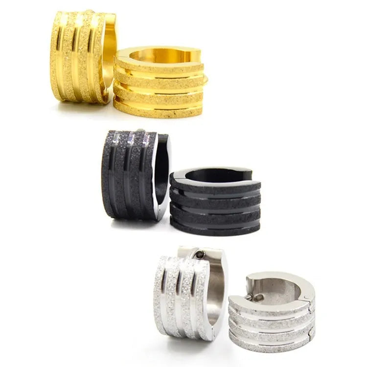 Geometric three-line frosted titanium steel earrings in black, gold, or steel colour on a white background.