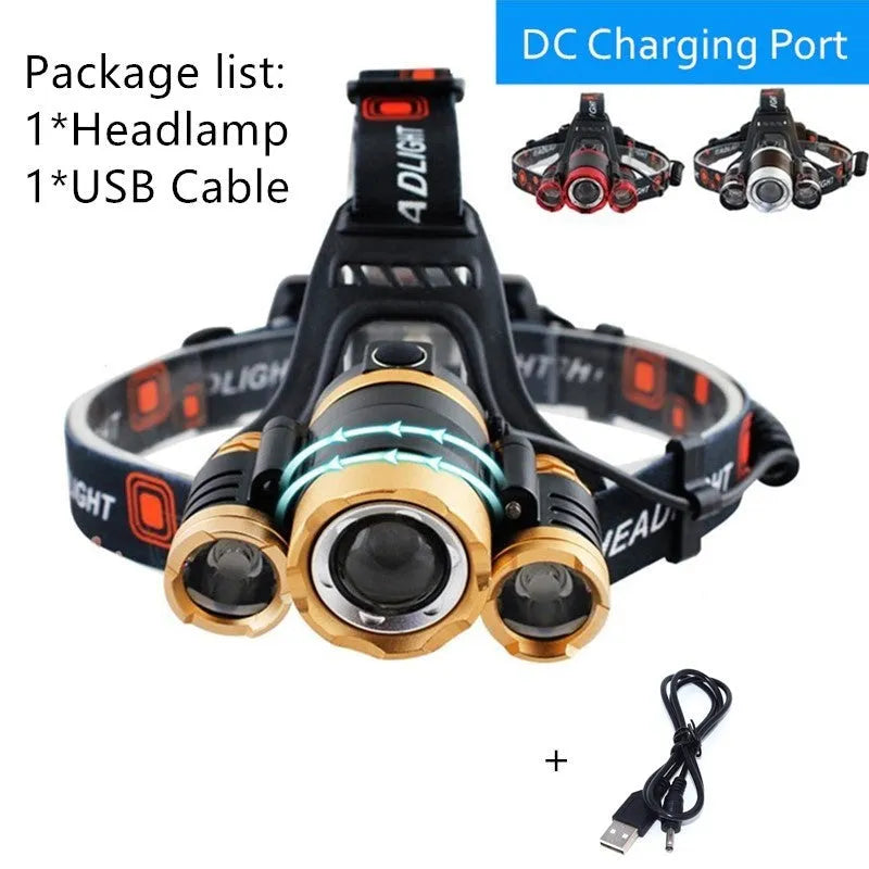 Aluminium alloy rechargeable LED headlight with adjustable head strap and Hawkeye lens.