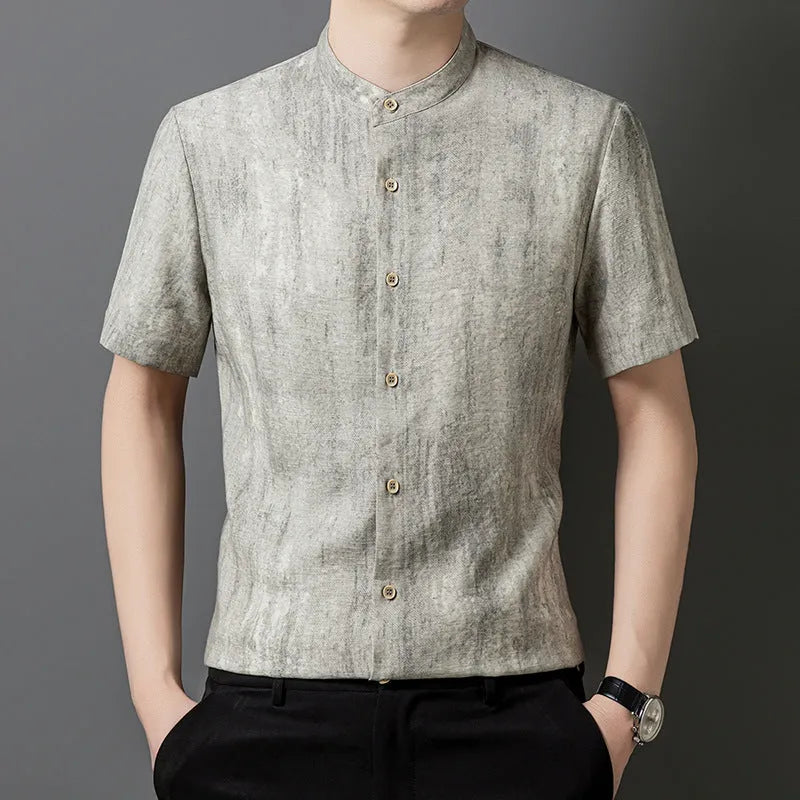 Men's loose linen shirt with stand collar in thin viscose blend fabric