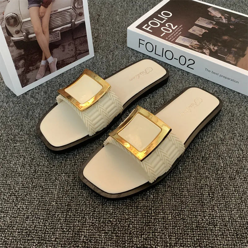 Women's apricot summer flat slippers with a non-slip PVC sole, shown on a light background.