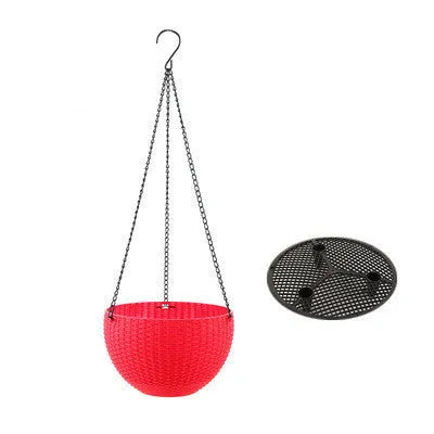 Plastic hanging basket planter with chain in one of seven colours, showing inner pot.