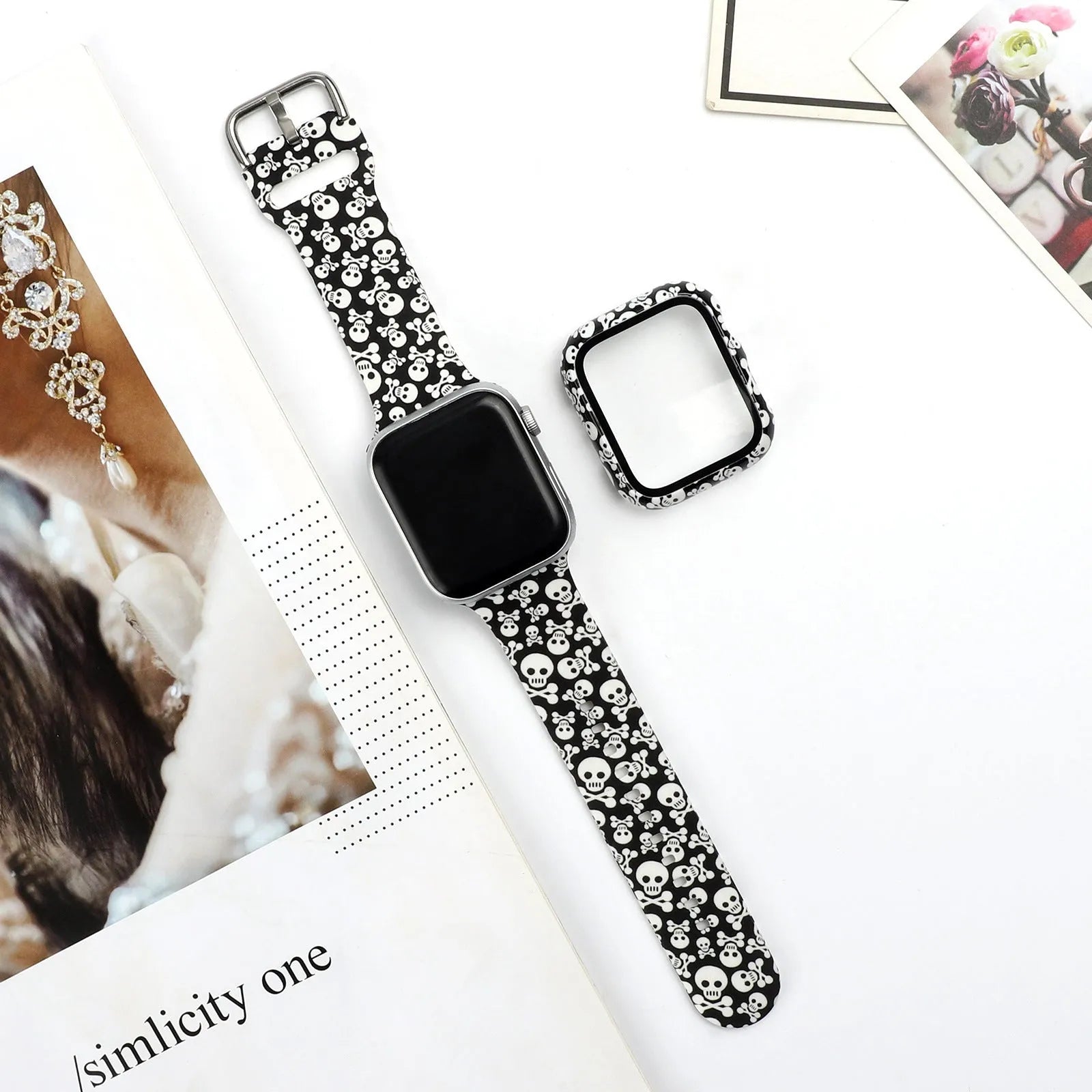 Printed silicone replacement strap for Apple iWatch models showing multiple design options and size selections.