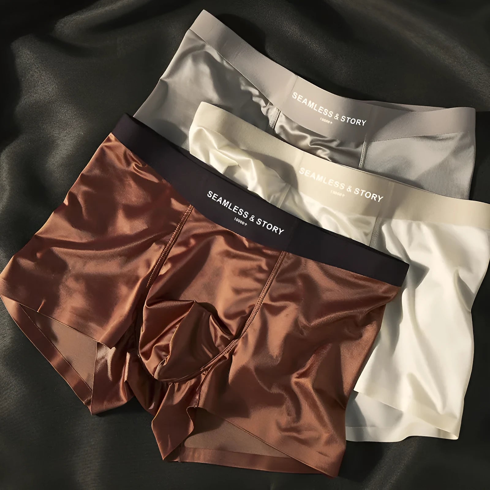 Men's ice silk satin underwear in mid waist traceless design, shown in coffee colour.