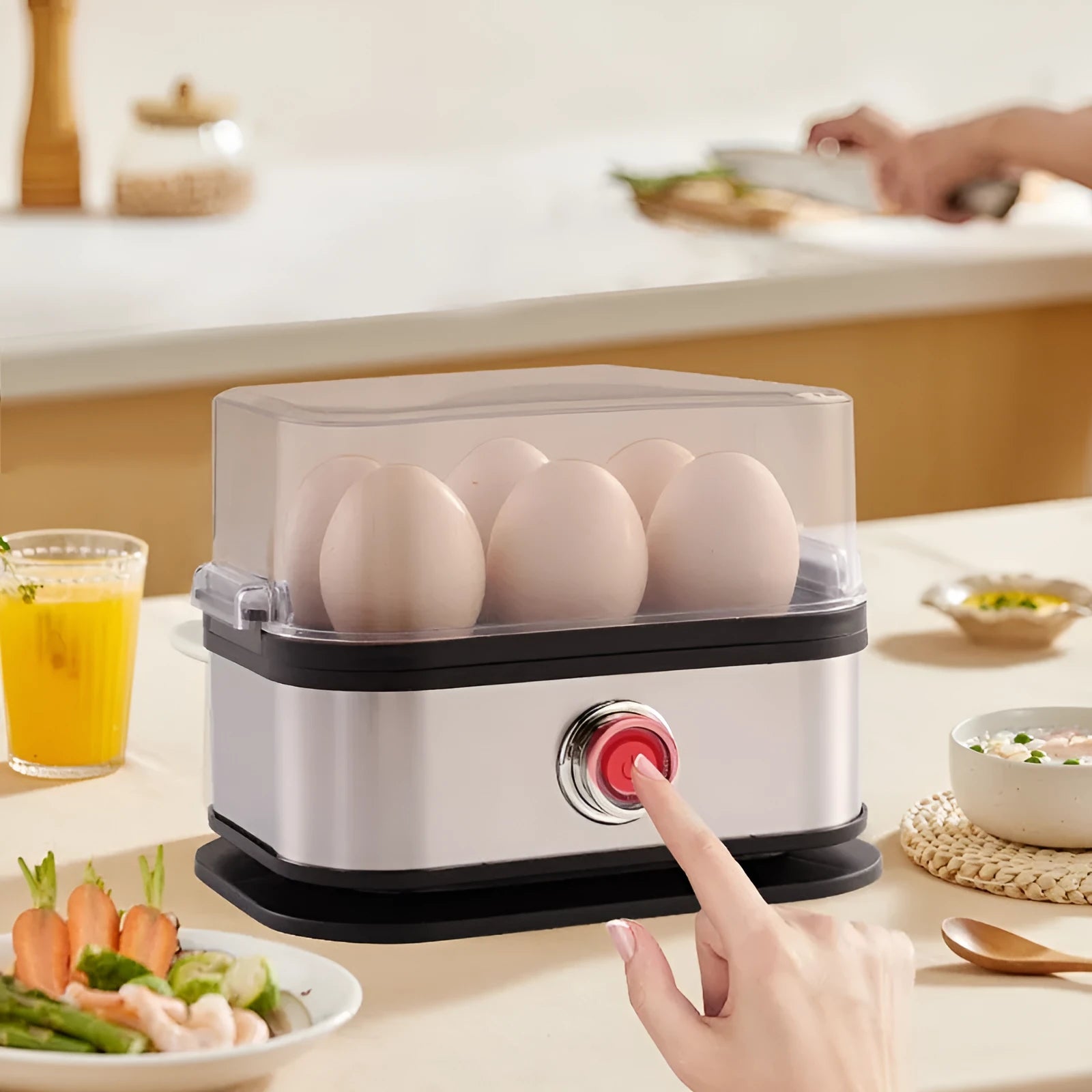 Black portable stainless steel egg boiler with plug adapters for US, UK and EU sockets.