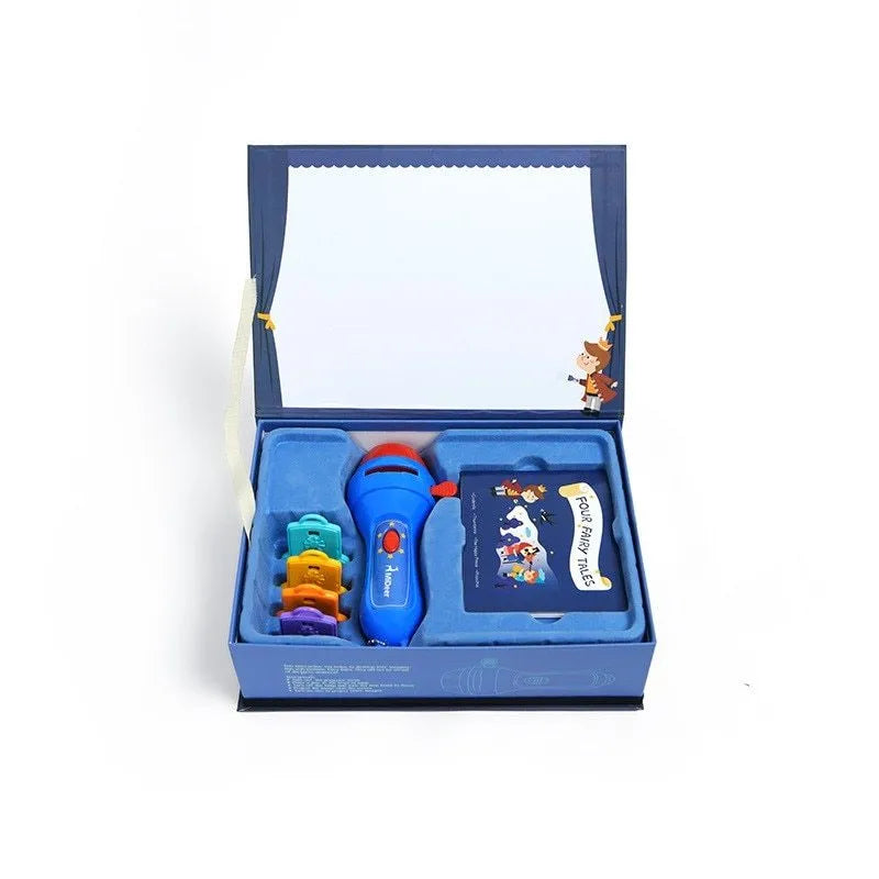 SmartKids children's story projector torch with four fairy tale discs projecting images onto a wall